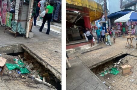 Calçada afunda e forma cratera que preocupa ambulantes no Centro de Salvador