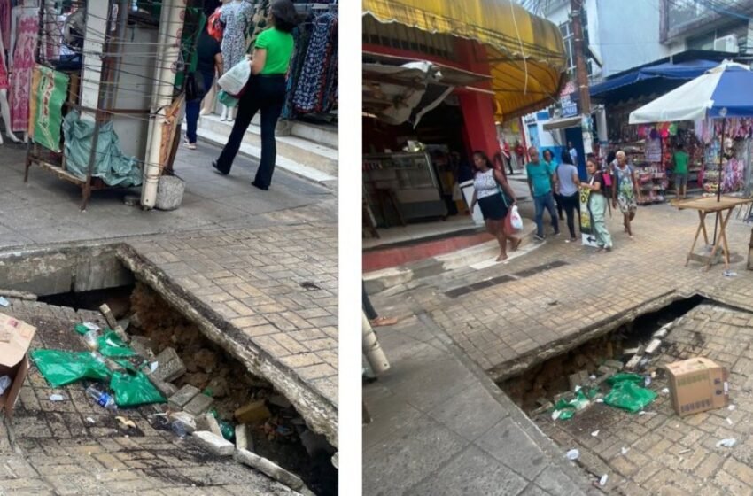  Calçada afunda e forma cratera que preocupa ambulantes no Centro de Salvador