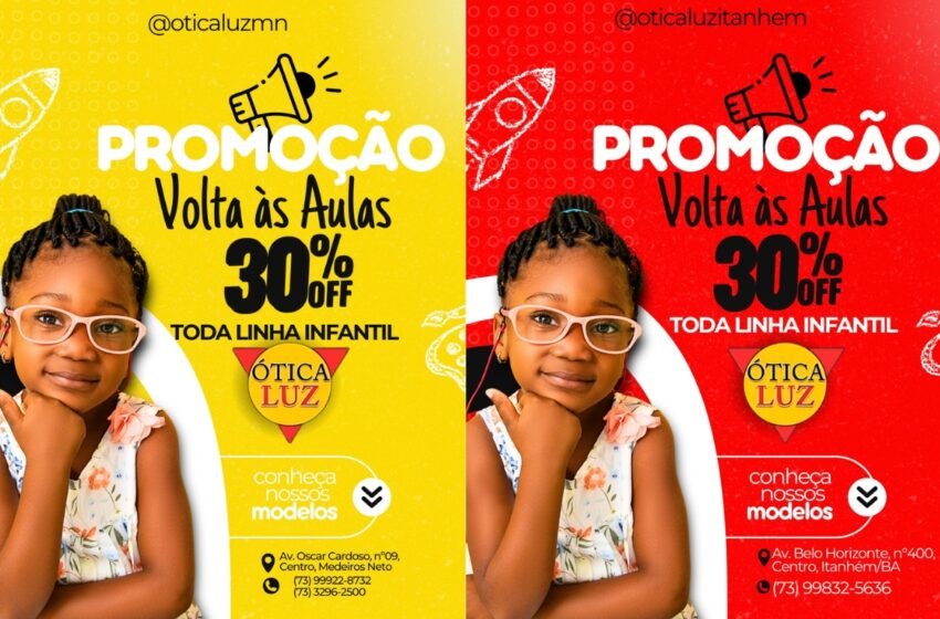  Ótica Luz de Medeiros Neto e Itanhém lança Promoção com 30% de Desconto em toda linha de óculos infantil. Confira;